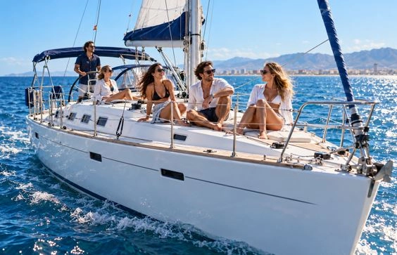 Turistas navegando en barco privado por la costa de Valencia.