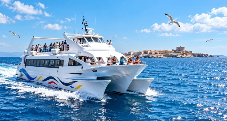 Catamarán navegando por el mar azul hacia la isla de Tabarca, con pasajeros a bordo, gaviotas volando y la silueta de la isla al fondo.
