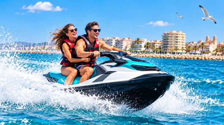 Dos jóvenes sobre una moto acuática junto a las costas de Torrevieja en Alicante.